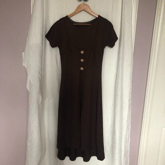 Vintage 70s Brown Ribbed Button Down Midi Dress with Decorative Ribbed Buttons - Picture 2 of 11